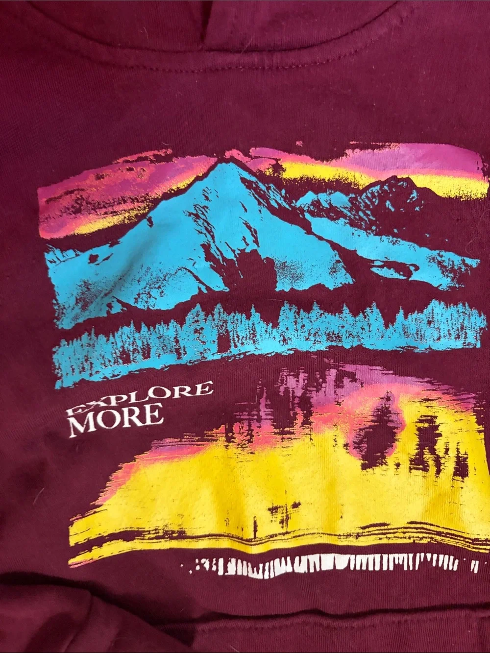Boys Old Navy Maroon Hoodie with Colorful Mountain Print Explore More